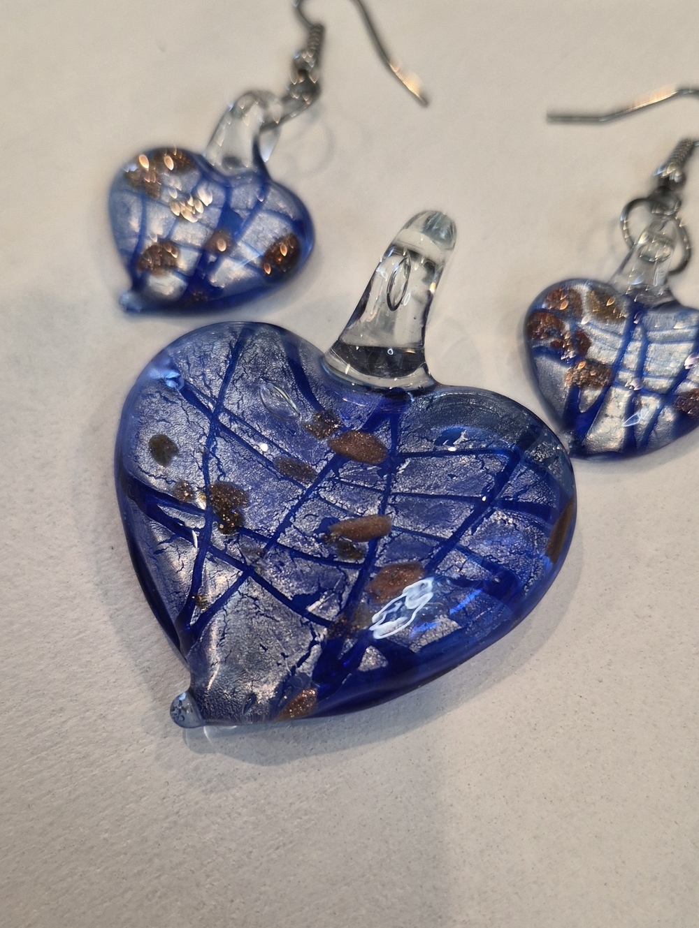 Royal Blue Venetian Italian Murano Glass Foil Art Heart Earrings & Pendant Set